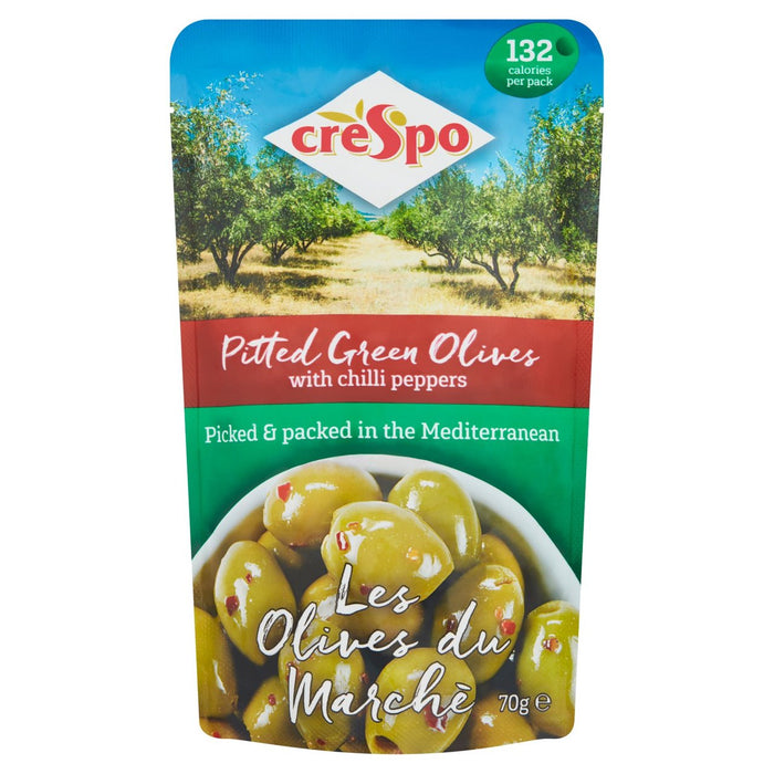 Crespo hat grüne Oliven mit Chili 70g gepackt